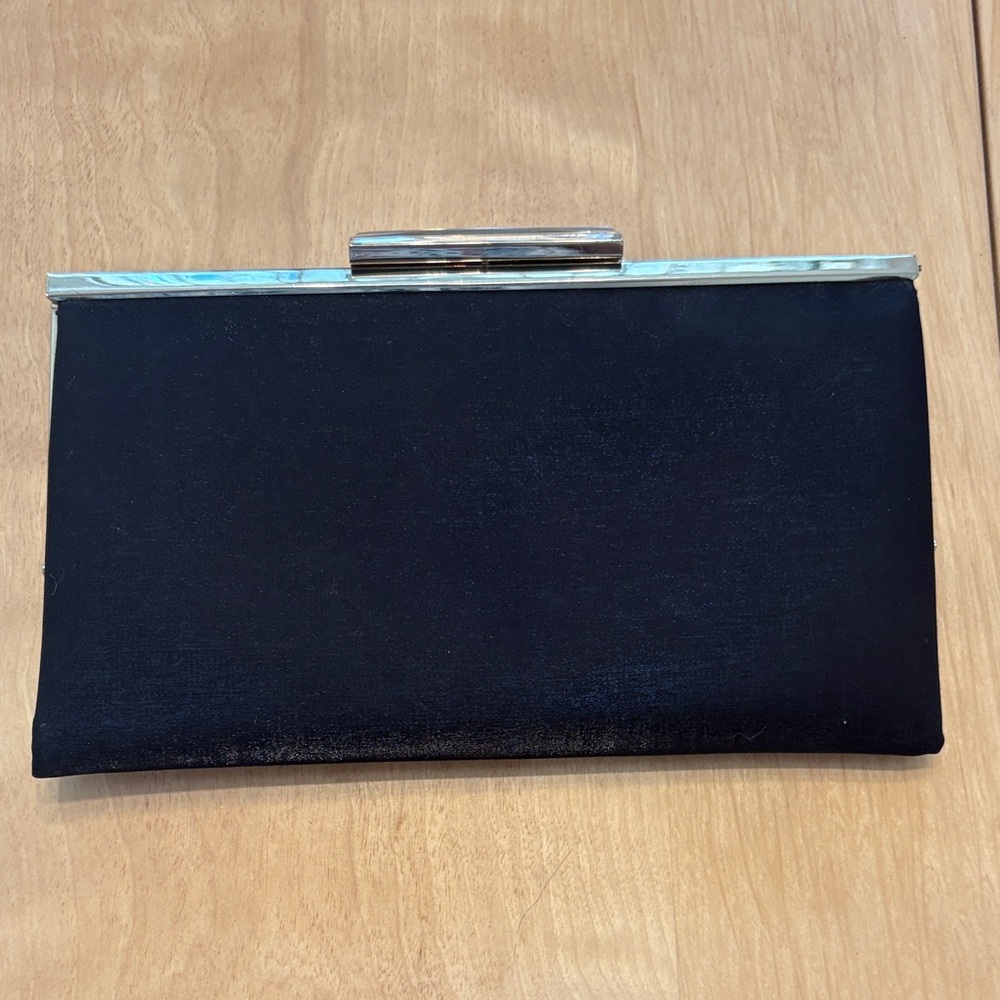 NWT GLINT Classic Black Satin Clutch/Bag with Gold Trim and Chain Strap.